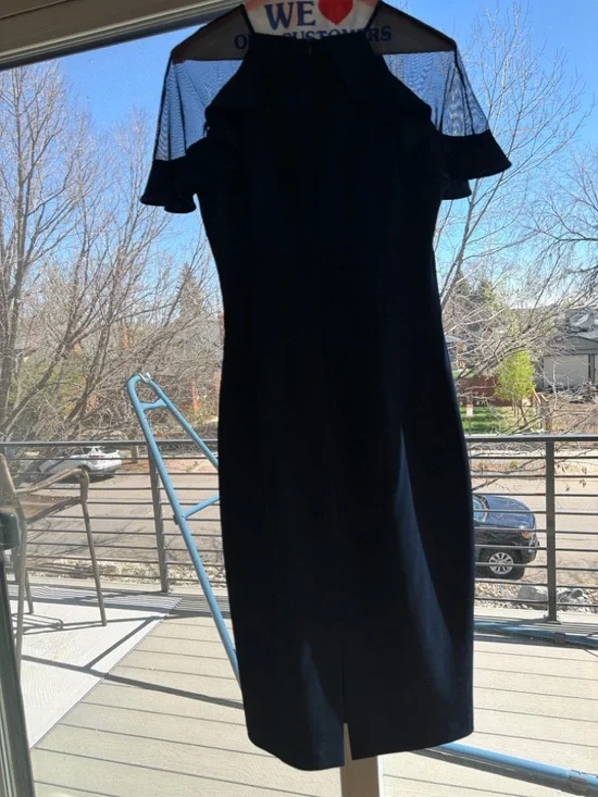 Eliza J Sheer Ruffle Shoulder Cocktail Dress Navy Midi Scuba Crepe Size 8 - Picture 10 of 11